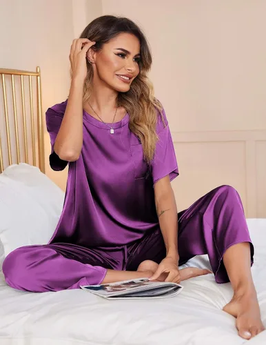 Vista 4 de Ekouaer Conjunto de pijama sedoso de satén para mujer, camisa de manga corta con pantalón largo de pijama, conjunto de pijama suave