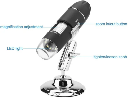 Vista 2 de Microscopio digital, microscopio electrónico digital de mano Walfront Lupa 1000X 8 LED Soporte de observación ajustable, salida AV analógica para TV