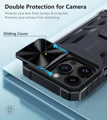 Vista 3 de FNTCASE Funda para iPhone 15 Pro: protección contra caídas y golpes de grado militar con función atril y tobogán Protector resistente texturizado