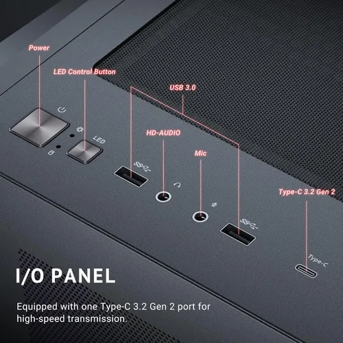 Vista 12 de Antec C5 ARGB, 7 x 120mm ARGB PWM ventiladores incluidos, hasta 10 ventiladores simultáneamente, puerto Type-C 3.2 Gen 2, paneles frontales