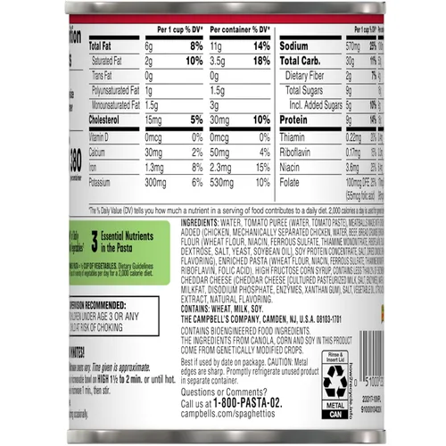 Vista 3 de SpaghettiOs Pasta enlatada con albóndigas A to Z's, lata de 15.6 onzas