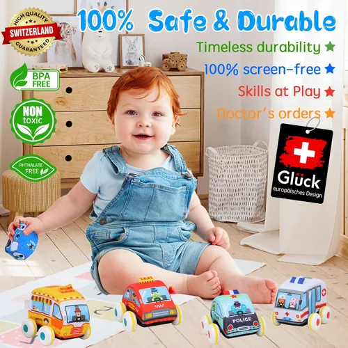 Vista 4 de GLÜCK Alfombra de juego para niños juguete suave para niños y niñas juguetes para bebés con 10 vehículos suaves y autos para tirar una alfombrilla