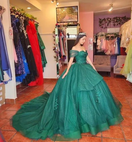 Vista 3 de Mauuwy Vestidos florales de quinceañera, vestido de baile hinchado de tul dorado con encaje dulce 16 vestidos de fiesta con hombros descubiertos