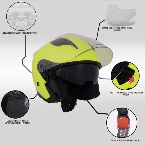 Vista 2 de Milwaukee Helmets MPH9823DOT 'Shift' - Casco de cara abierta 3/4 amarillo neón para hombres y mujeres con visera tintada desplegable