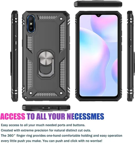 Vista 2 de Funda para Redmi 9A M2006C3LG/Redmi 9i M2006C3LII con protector de pantalla de vidrio templado, [grado militar] [anillo de metal]