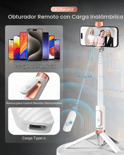 Vista 4 de Trípode Selfie Stick para iPhone y Android, soporte de trípode portátil para teléfono con control remoto Bluetooth, apertura con un solo clic
