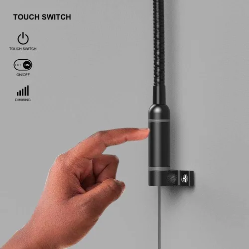 Vista 3 de Luz de lectura montada en la pared Interruptor táctil regulable LED 3W blanco cálido 3000K adaptador de CA (negro)