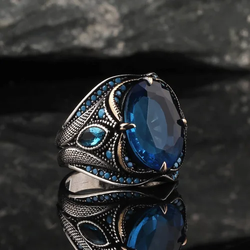 Vista 5 de BayVog 925 Sterling Silver Men's Ring, Blue Topaz Gem Stone Men Silver Ring, Handmade Zircon Stone Silver Ring for Men, Blue Stone Silver Ring gifts