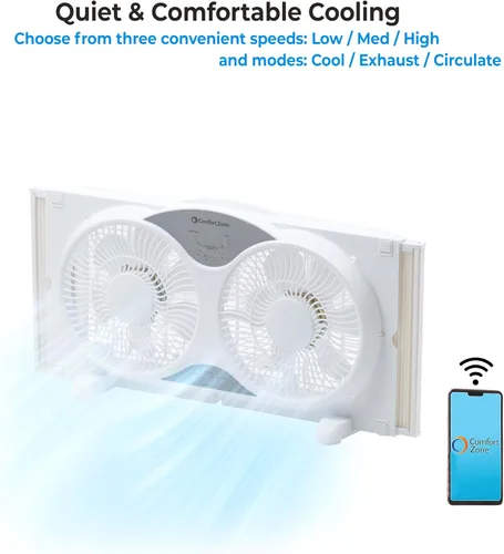 Vista 12 de COMFORT ZONE - Ventilador inteligente WiFi de 9 pulgadas para ventana doble, ventilador de doble hoja de 3 velocidades con aplicación y control