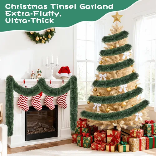 Vista 6 de Guirnalda de oropel de Navidad de 15,2 m, guirnalda metálica gruesa verde oscuro con diseño de torsión para árbol de Navidad, decoraciones