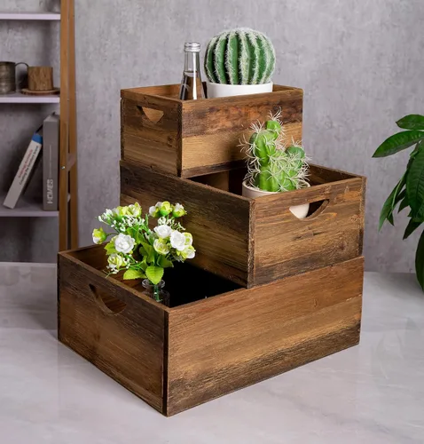 Vista 2 de TIMRIS Juego de 3 cajas de madera rústica envejecida anidables, cajas de almacenamiento de madera decorativas de estilo granja, cestas de madera