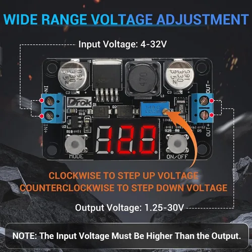 Vista 3 de DROK LM2596 - Convertidor Buck de pantalla LED - DC 4-32V a 1.25-30V 3A convertidor reductor ajustable regulador de voltaje fuente de alimentación