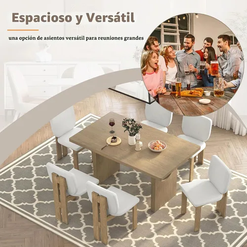 Vista 3 de Merax Juego de mesa de comedor de madera para 6, mesa rectangular/sillas tapizadas/diseño geométrico retro, ideal para comedor y cocina, natural