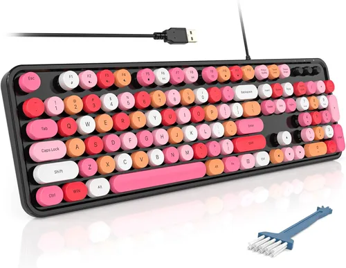 Vista 19 de MOFII Teclados de computadora con cable, teclado USB de tamaño completo Plug Play, bonito teclado estético colorido con soportes plegables