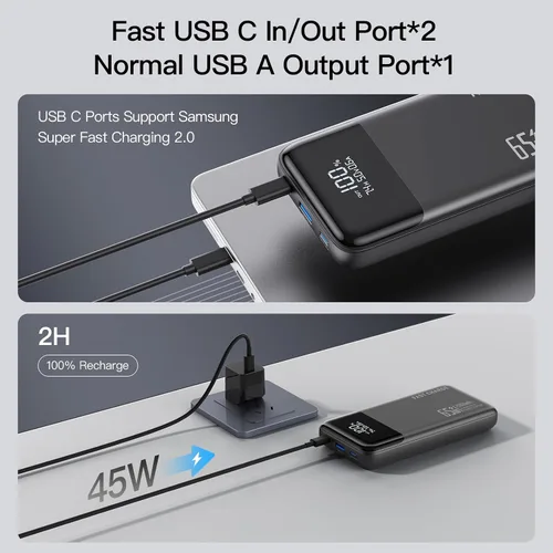 Vista 5 de Banco de energía cargador portátil para laptop 2025, 26800mAh 65W compacto USB C banco de energía para laptop, PD QC carga rápida paquete de batería