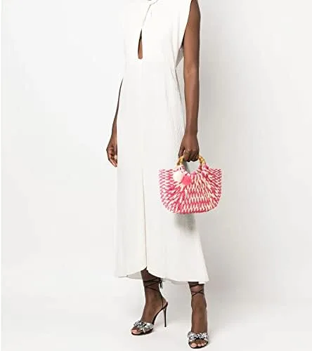 Vista 2 de Bolsa de paja para mujer Bolsa de playa tejida para bolso de verano Bolso de mano con mango de bambú, Rosado