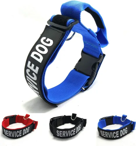 Vista 8 de 3 colores y 3 tamaños: collar táctico para perro de servicio K.9, collar básico ajustable de nailon con parche reflectante para perros pequeños