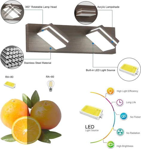 Vista 2 de SineRise Moderna lámpara LED para tocador de baño (2 luces, 15.5 pulgadas, regulable), madera marrón, pintada de acrílico, moderna lámpara de pared