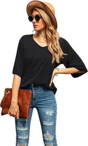 Vista 3 de SUEANI - Camiseta de cuello en V para mujer, diseño holgado con manga 34 acampanada