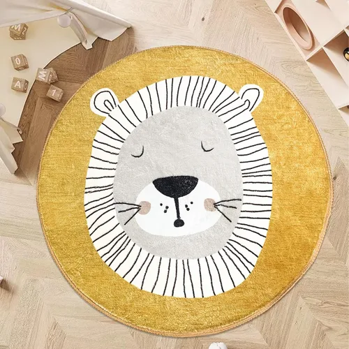 Vista 2 de USTIDE Linda alfombra para niños, alfombra redonda de león de dibujos animados, alfombra de juego de león amarillo, alfombra suave de 4 pies