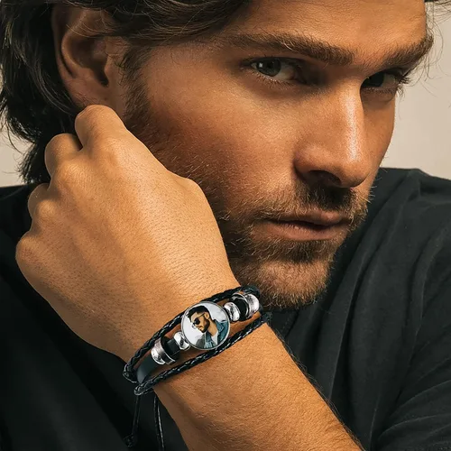 Vista 3 de U7 Pulsera para hombre con cierre de acero inoxidable, brazalete de cuero en estilo calavera o envoltura