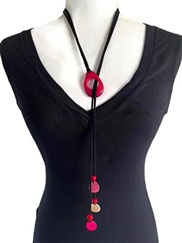 Vista 3 de Artesania Karissma Collar Tagua en rosa fucsia, joyería orgánica de tuerca de tagua TAG706, collar de Tagua Lariat, 30 pulgadas, ajustable