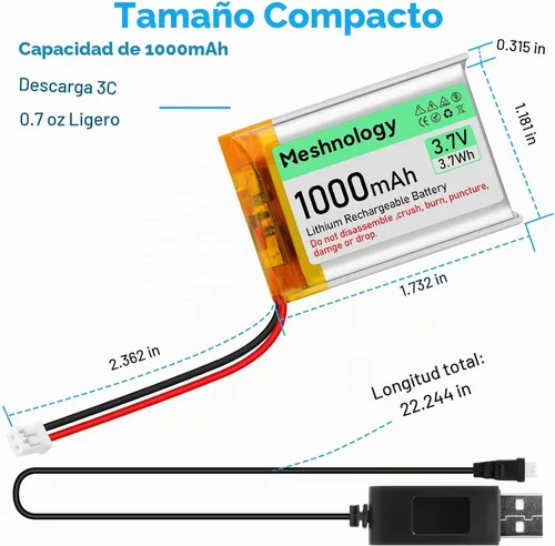 Vista 6 de Batería Lipo de 3.7V 1000mAh 803040 Batería recargable de polímero de litio con cable de cargador USB, conector micro Ph1.25, circuito de protección