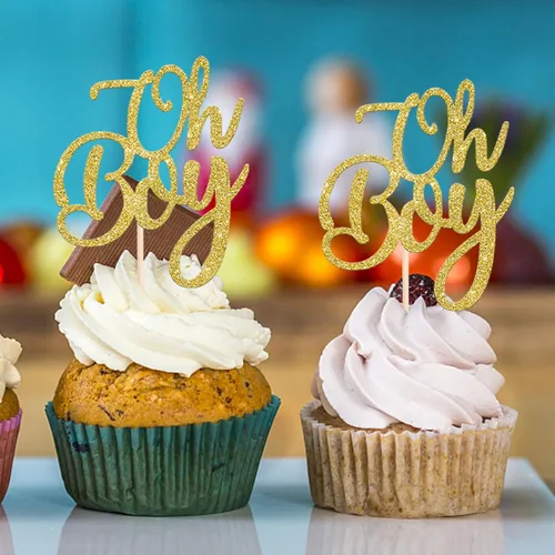 Vista 6 de Rsstarxi Paquete de 24 adornos para cupcakes con purpurina dorada para baby shower, revelación de género It's A Boy Cupcake Picks para celebrar baby