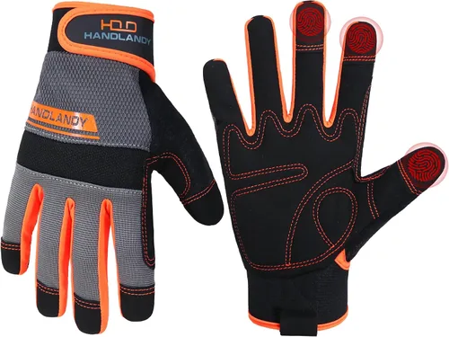 Vista 9 de HANDLANDY Guantes de trabajo para hombre y mujer, guantes de trabajo de mecánicos de uso general con pantalla táctil, guantes de trabajo flexibles