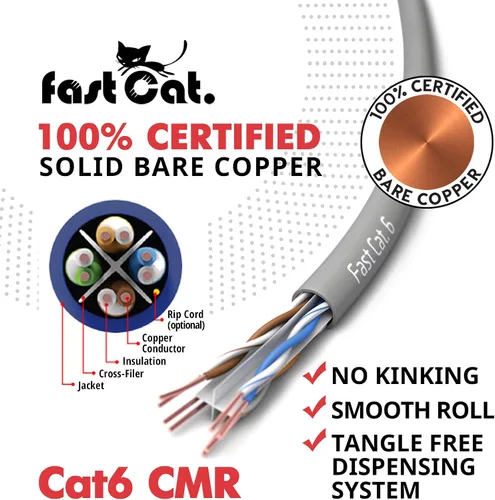 Vista 7 de fast Cat. Cable de Ethernet Cat6 de 1000 pies - 23 AWG, CMR, PoE++ (4PPoE) Cable de cobre sólido aislado no blindado Cat 6 con separador de cruz que