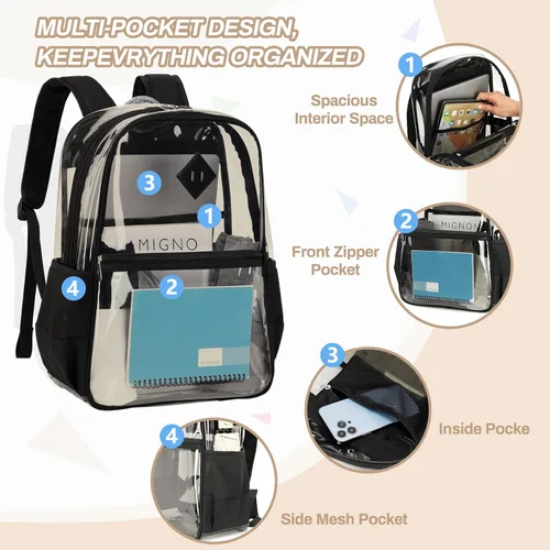 Vista 8 de MUSEVOS Mochila transparente, resistente bolsa de libros transparente para escuela, universidad de PVC transparente aprobado por estadios, Negro