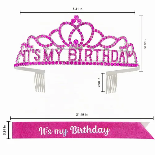 Vista 6 de Corona de cumpleaños para mujer, banda de diadema de cumpleaños rosa intenso Rosa fuerte