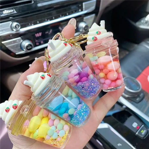 Vista 5 de Xinbalove Lindas bolsas de botella de helado para muñeca con colgante de llavero de coche para niños, niñas y mujeres, llavero flotante de jalea
