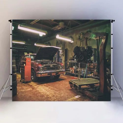 Vista 12 de Fondos de garaje antiguos para fotografía de 5 x 3 pies, fondos de reparación de automóviles temáticos para fiesta de fotos y accesorios de estudio