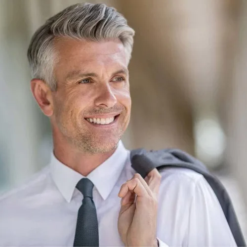 Vista 25 de Toupee para hombres sistemas de reemplazo de piel sintética con encaje suizo para hombre, nudos blanqueados, línea capilar natural para hombres