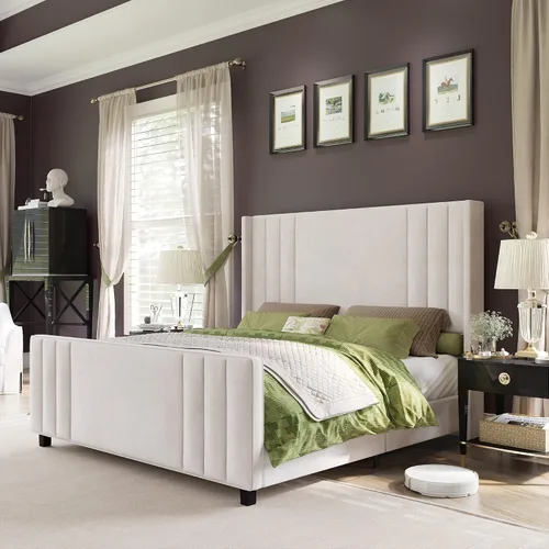 Vista 9 de AMERLIFE Armazón de cama tamaño Queen, plataforma tapizada de terciopelo con cabecera capitonada de canal vertical y pie de cama/respaldo alto, base