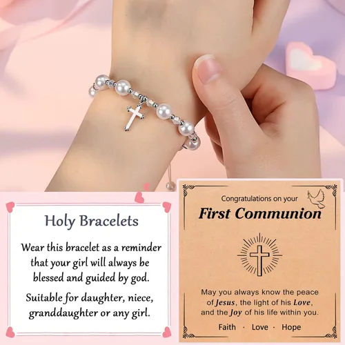 Vista 2 de UNGENT THEM Regalos de bautismo para niñas, pulseras de regalos de primera comunión para niñas, pulsera de cruz