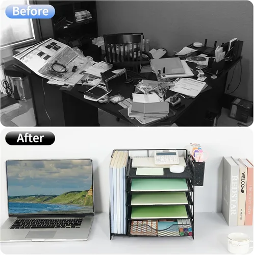 Vista 2 de Organizador de escritorio con cajón y soporte para bolígrafos, organizador de bandeja para cartas de papel de 5 niveles con soporte para archivos