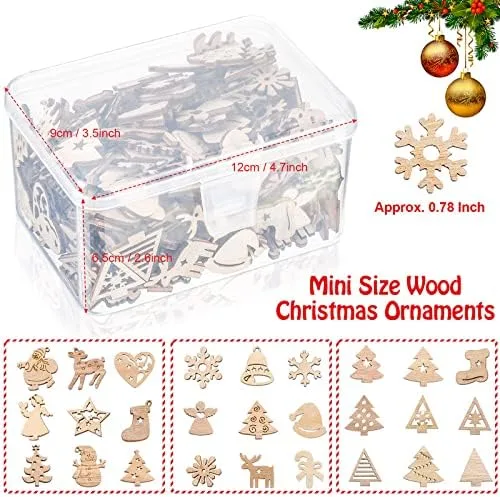 Vista 3 de 200 piezas de mini adornos de madera sin terminar, Halloween, Navidad, bricolaje, mini recortes de madera en blanco con caja de almacenamiento