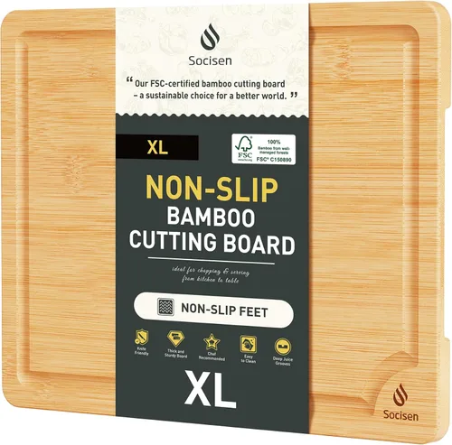 Vista 23 de Tabla de cortar de bambú extra grande con pies antideslizantes y tabla de cortar de madera para cocina con ranura de jugos para carne, verduras