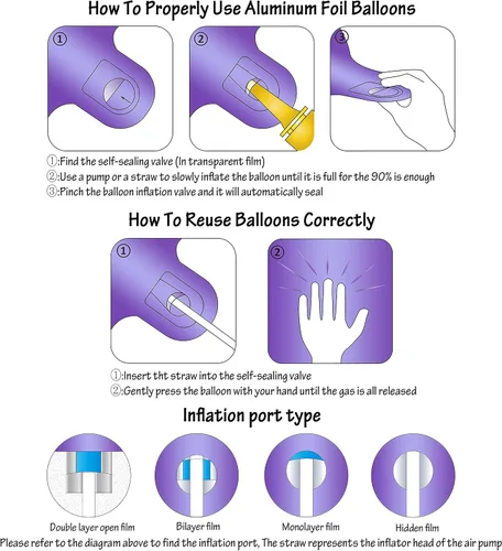 Vista 5 de Globos de 40 pulgadas para inflar con helio, de película de aluminio, para fiestas, cierre manual (púrpura 0)