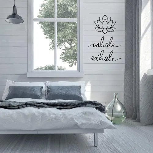 Vista 6 de Ferraycle Inhale Exhale, arte de pared para yoga, meditación, decoración de flor de loto, letrero de yoga, decoración de meditación de metal negro