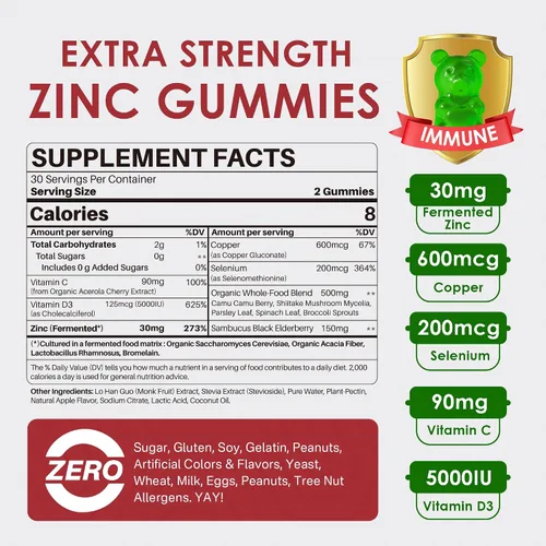 Vista 2 de Gomitas de zinc + cobre, selenio, vitamina C y D3, suplementos de zinc fermentado para mujeres y hombres con saúco para el apoyo inmunológico