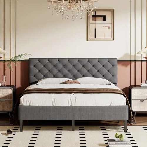 Vista 15 de Cama de plataforma tapizada de tamaño matrimonial con cabecera de terciopelo con patrón de flores, con marco de cama de soporte de listones