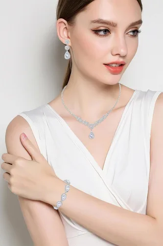 Vista 3 de Paxuan Juego de aretes de pulsera de cristal de diamantes de imitación plateados y dorados para mujeres, novias, damas de honor, juego de aretes