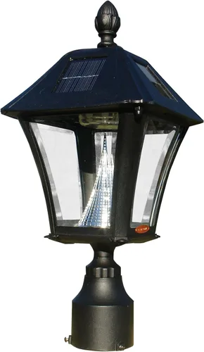 Vista 2 de Buzón con base ornamentada y lámpara solar, con 3 placas de dirección, bronce