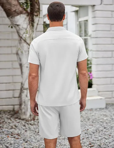 Vista 4 de COOFANDY Conjunto de 2 piezas para hombre, camisas de manga corta con botones, trajes casuales de playa