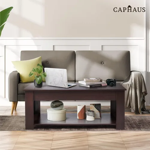 Vista 2 de CAPHAUS Mesa auxiliar elevable con almacenamiento y compartimento oculto, mesa elevadora para sala de estar, estante inferior abierto, 41 pulgadas