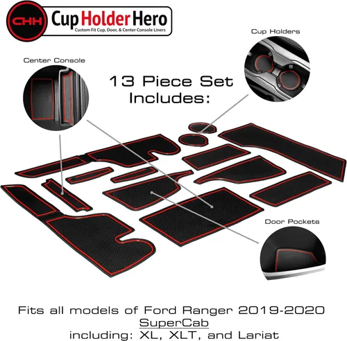 Vista 3 de CupHolderHero Compatible con Ford Ranger Accesorios 2019-2023 Juego de 13 piezas de insertos para portavasos de interior premium personalizados