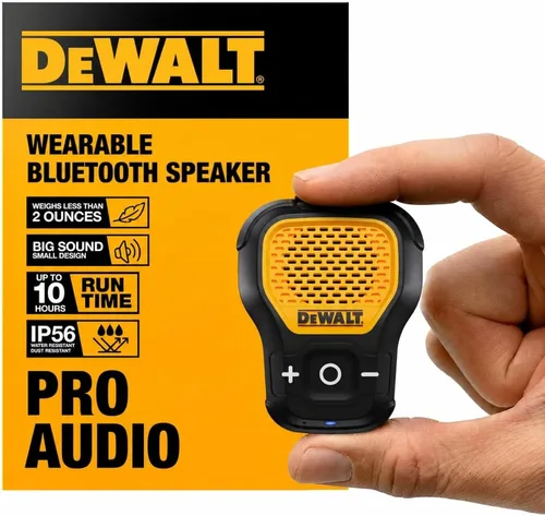 Vista 10 de DEWALT Altavoz Bluetooth Portátil Vestible [Edición Onyx - Negro] Altavoz Portátil Inalámbrico con Clip para Sitio de Trabajo Pro Resistente al Agua